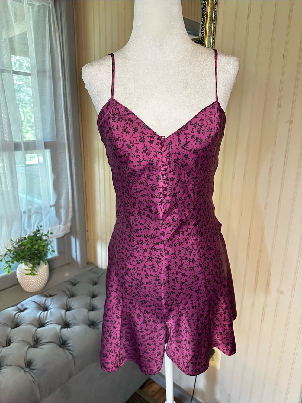 Urban Outfitters Floral Satin Romper Womens Small Purple Fit & Flare Skater Cami